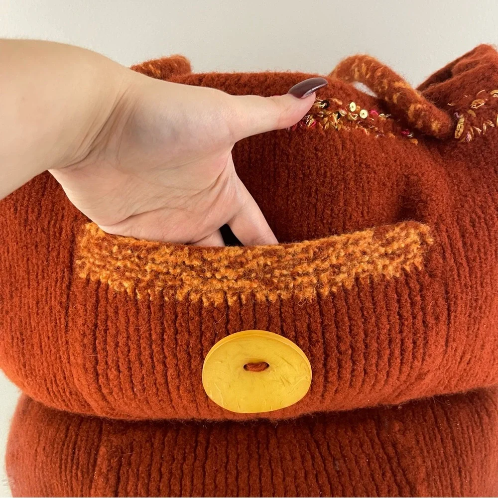 90s Burnt Orange Handmade Sequin Knit Felted Wool Slouchy Hobo Shoulder Bag Tote